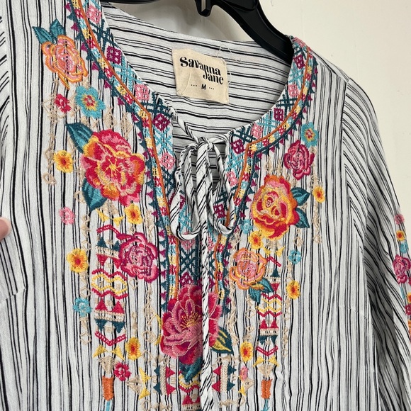 Savanna Jane Floral Embroidered Striped Blouse - Medium - Picture 5 of 8
